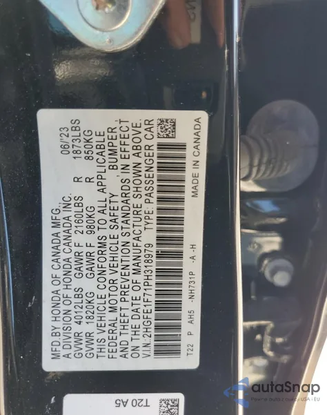 2023 Honda Civic Ex from USA, damaged, VIN 2HGFE1F71PH318979